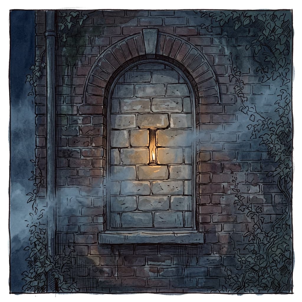 Ein zugemauertes Fenster des alten Badehauses — darin flackert ein Licht.