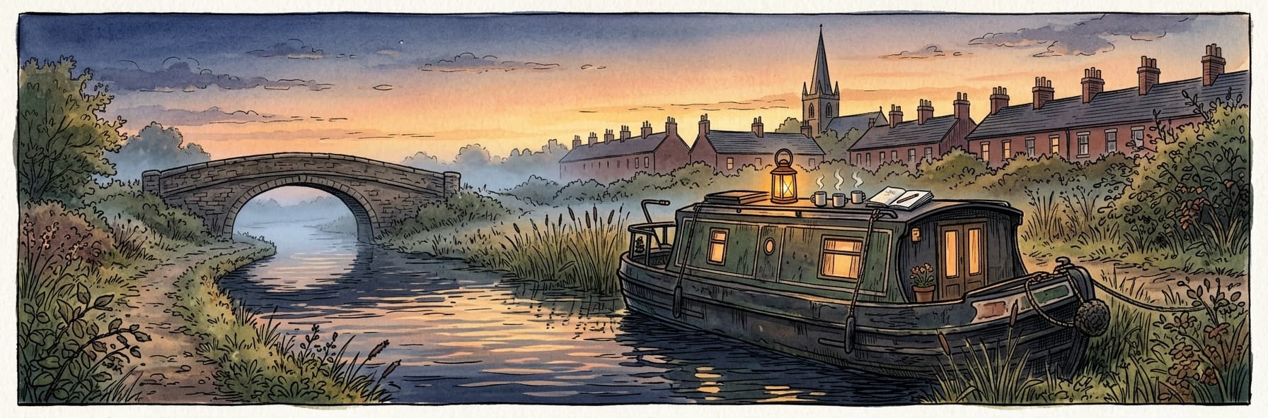 Golden Hour über den Dächern von Ashworth Green — die drei Freunde auf dem Dach des Narrowboats The Magpie.