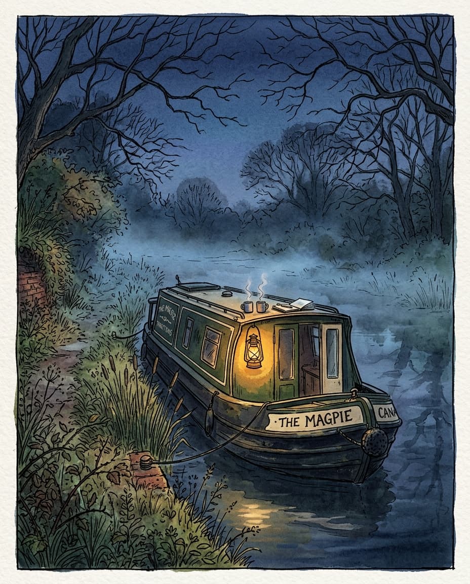 Das Narrowboat The Magpie am toten Ende des alten Kanals von Ashworth Green in der Abenddämmerung.