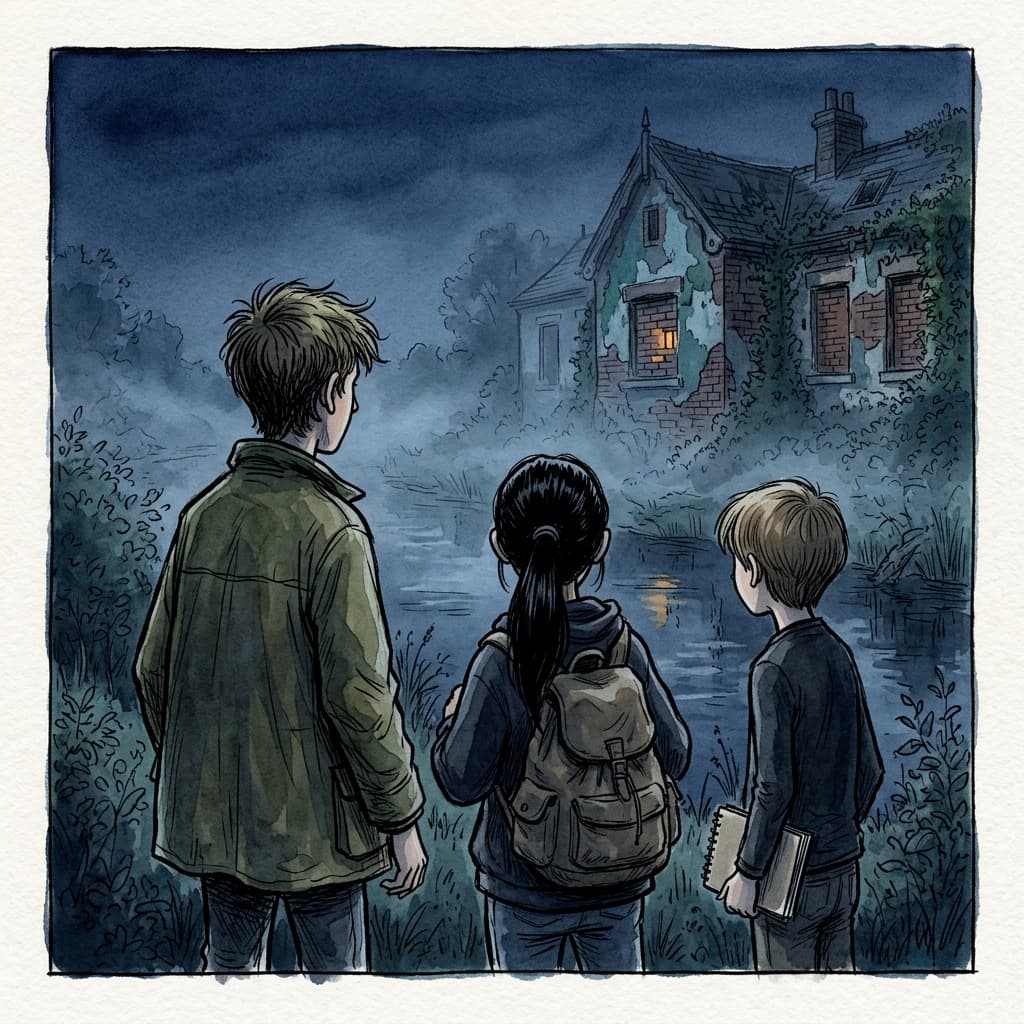 Die drei Ashworth-Ermittler:innen gemeinsam am Kanal — Finn, Priya und Archie.