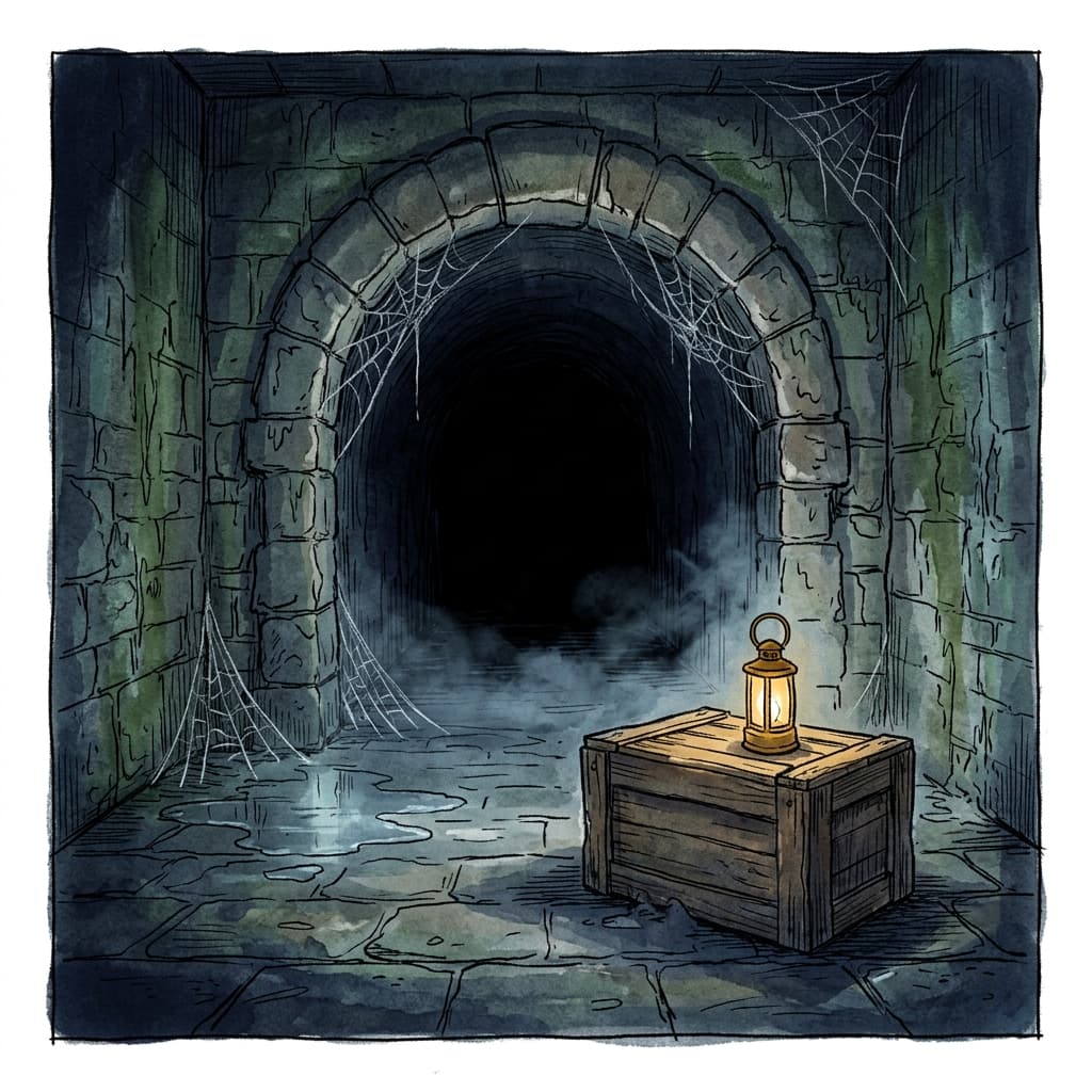 Der Eingang eines alten Schmugglertunnels unter Ashworth Green, schwaches Licht im Inneren.