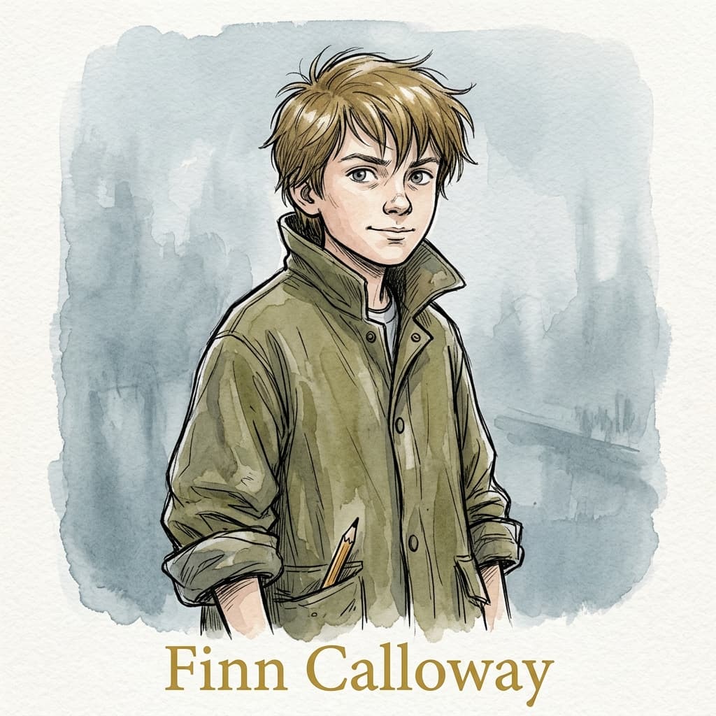 Illustriertes Portrait von Finn Calloway — dunkelblonder Junge in olivgrüner Wachsjacke, neblige Kanal-Atmosphäre im Hintergrund.