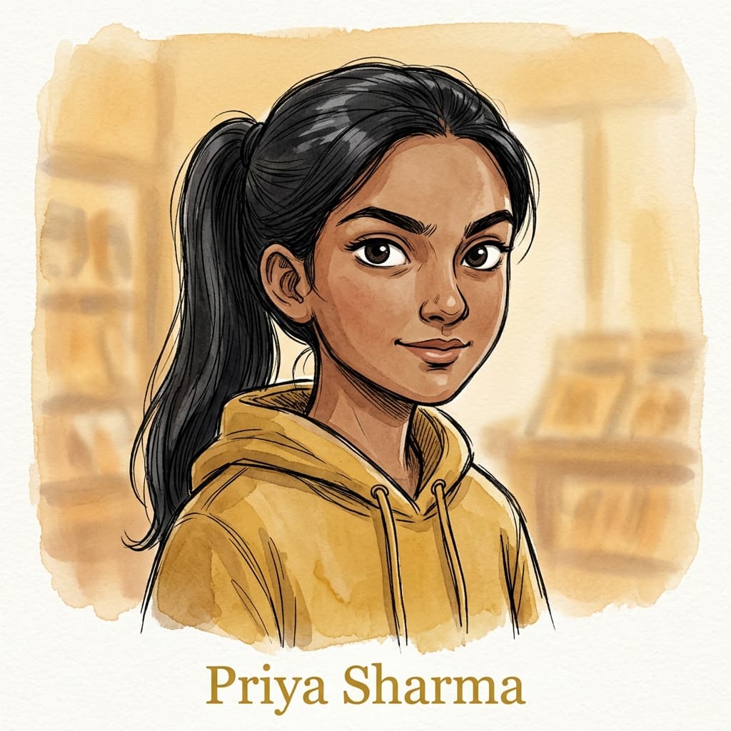 Illustriertes Portrait von Priya Sharma — Mädchen mit schwarzem Pferdeschwanz, neblige Kanal-Atmosphäre im Hintergrund.