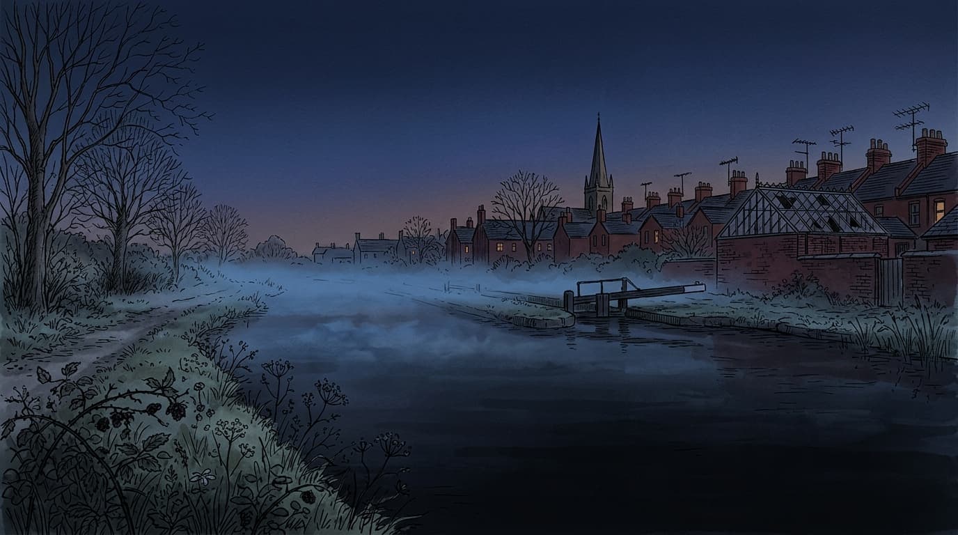 Ein stiller englischer Kanal in der Dämmerung, Nebel über dem Wasser, die Silhouette eines viktorianischen Badehauses in der Ferne.